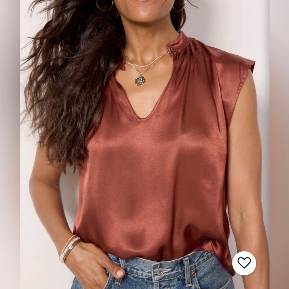 Nation LTD Jeanne Chocolate Brown Satin Cap Sleeve V Neck Blouse L Fall Office